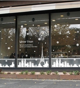 白色城镇 铁塔 圣诞节雪花 咖啡店铺玻璃橱窗 墙壁装饰墙贴纸贴画