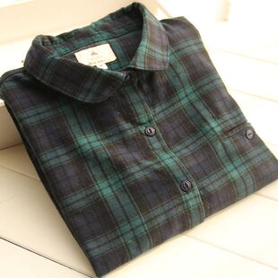新款 2019女装 磨毛衬衫 日系清新文艺复古墨绿格子圆弧下摆长袖