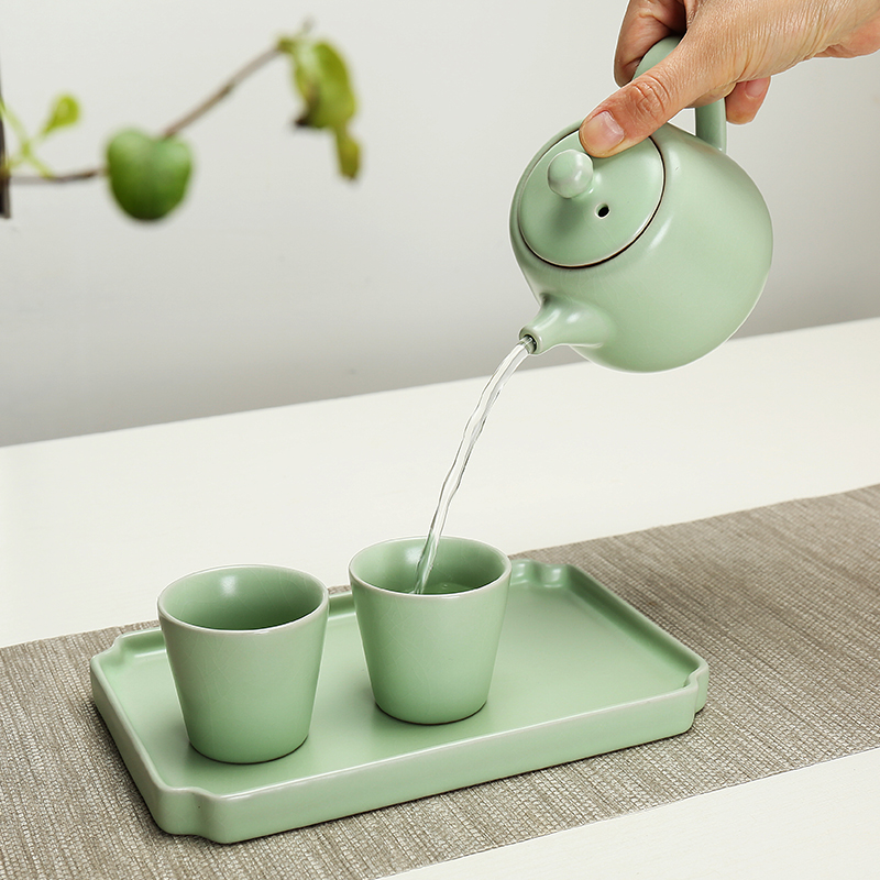 龙浔 汝窑陶瓷竹制茶台一壶两杯日式功夫茶具迷你家用茶托盘套装|msdalam kategori pinggan mangkuk, set teh, Kung Fu teh - dari Buy2taobao.com untuk memberikan perkhidmatan ejen Taobao profesional membeli