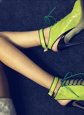 silla rulers 女鞋鱼嘴拼色绿色蛇纹超高跟舞台夜店鞋 超高10cm