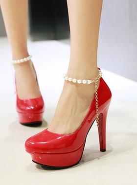 缺码处理 清仓 漆皮防水台高跟单鞋红色鞋婚鞋新娘小码鞋 32  SNM