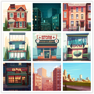 矢量设计素材 卡通扁平化城市房屋建筑商店酒吧住宅农场EPS格式