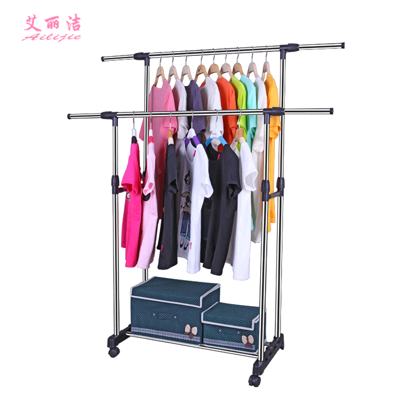 双杆黑色批发 不锈钢升降晾衣架落地收纳晾衣服架子室内