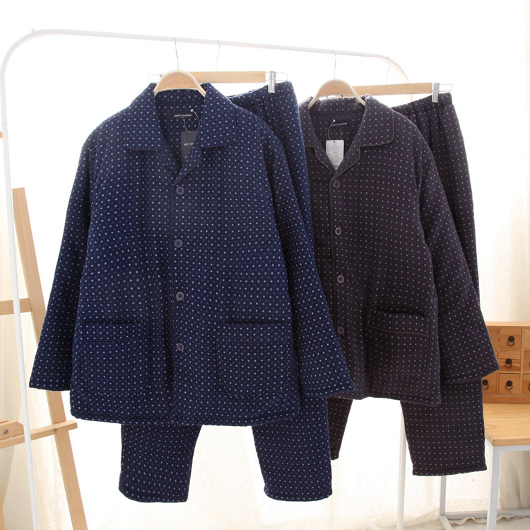 日本原单睡衣男 日式冬季加厚保暖棉袄 三层夹棉圆点家居服套装