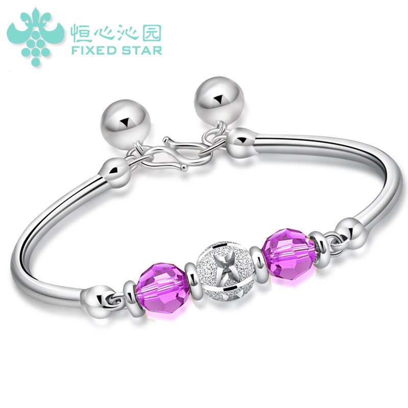 水晶转运珠银手镯99足银手链日韩版时尚银饰品紫水晶铃铛生日礼物