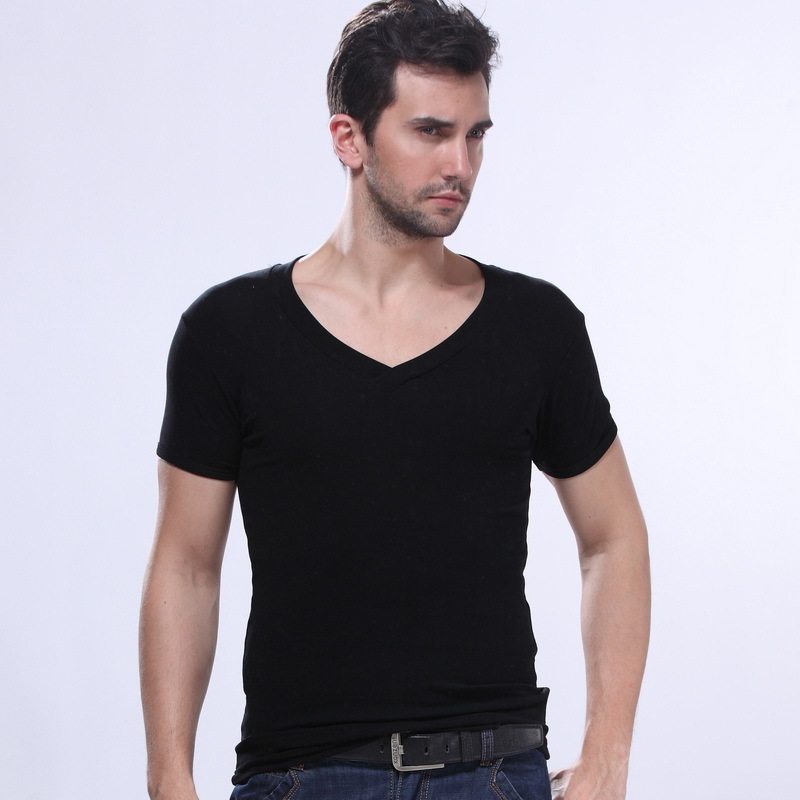 夏装V领短袖t恤韩版潮流纯色小衫青年夏季黑白色衣服男修身打底衫