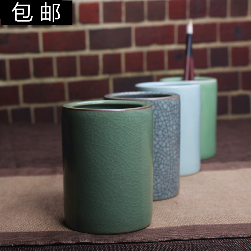 哥窑青瓷笔筒创意文具时尚圆形陶瓷精品笔筒毛笔圆珠笔铅笔多功能