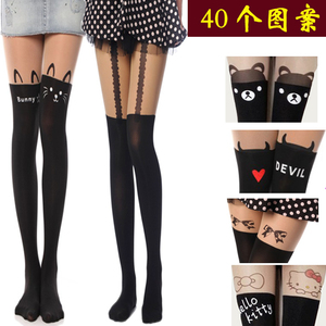 春秋日系假高筒拼接丝袜连裤袜防勾丝薄款大腿纹身性感打底裤袜女