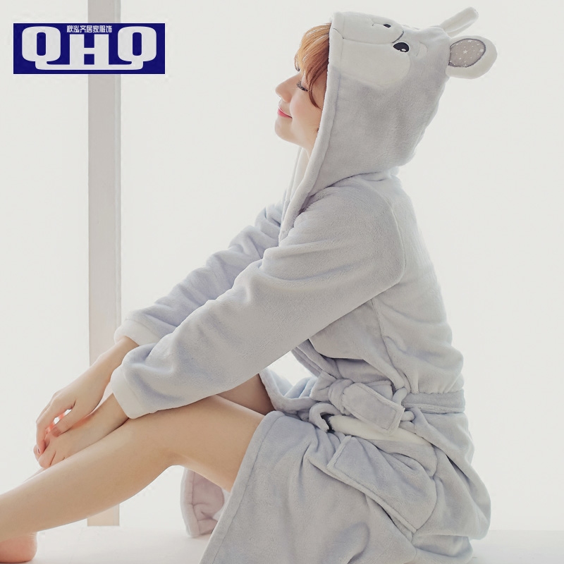Fall winter long flannel nightgown female winter thick coral velvet bathrobe cute couple long-sleeved bathrobe pajamas