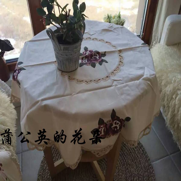 出口纯棉百带丽花边原白色玫瑰圆桌布85厘米