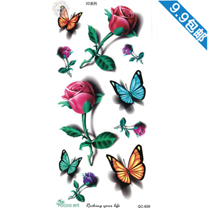 满9.9元包邮 蝶恋花3D立体红玫瑰蝴蝶 彩色花朵女防水纹身贴纸