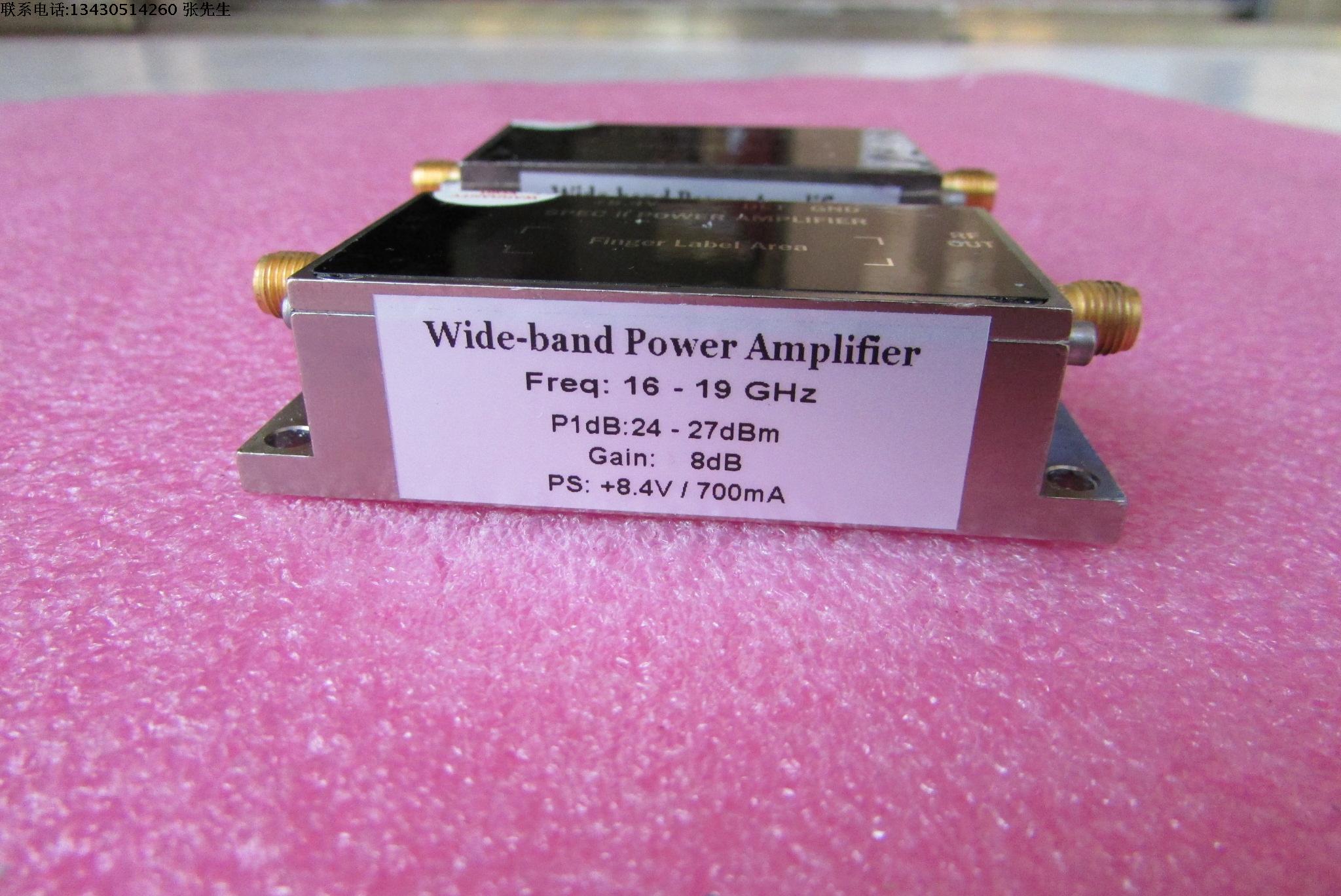 美国进口 16-19GHz 24-27dBm SMA 射频微波中功率放大器 质量包好，包能用 可提供详细测试图 工作频率：16-19GHz 增益: Typ 8dB  输出功率: 24-27dBm 工作电压：+8.4V  / 电流大约：700mA 左右 功能，1：检波输出; 2：输出内置隔