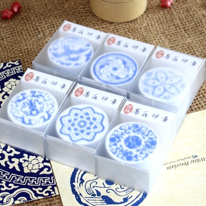 DIY文具 青花瓷风格图案木质印章 青花花纹印章 5组合