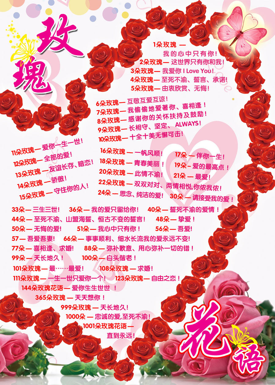 752海报印制展板写真喷绘344心型玫瑰花语花店婚纱店挂图
