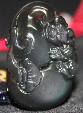 天然黑曜石如意葫芦吊坠