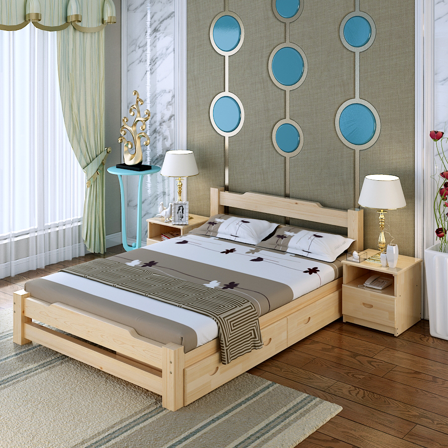 可定制实木床松木床单人双人床高箱储物床1.8米1.5米床原木清漆床