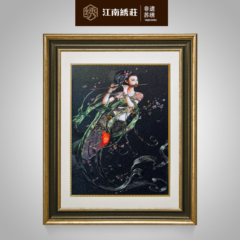 墙画客厅挂画中国风大气入户玄关装饰画壁画苏绣刺绣手工敦煌飞天