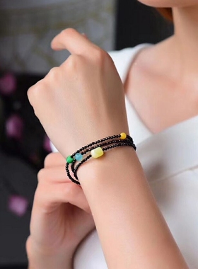 2mm闪亮纯天然黑尖晶石水晶蜜蜡手串女款黑色小珠子3圈多宝细手链