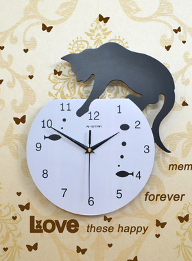 现代装饰欧式田园静音挂钟客厅时尚卧室时钟表创意卡通个性猫
