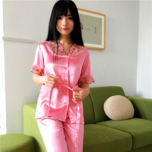 厂家直销夏季女士仿真丝短袖中裤花边腰带扣子两件套家居睡衣套装