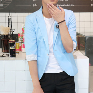 2021春秋季新款店主风百搭半袖修身潮休闲点点西装西服天蓝色