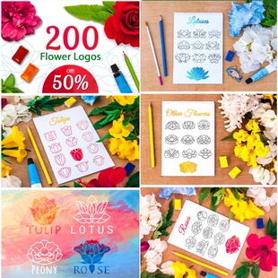 AI设计素材 A2896矢量200个花朵LOGO郁金香莲花玫瑰牡丹