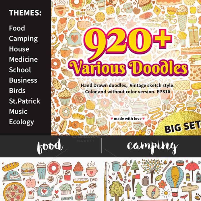 [346]920+手绘涂鸦简笔画食物建筑学校商务鸟音乐 AI矢量设计素材