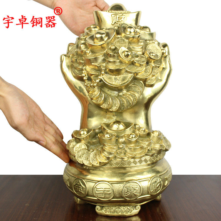 宇卓铜器纯铜聚宝盆手黄铜聚宝盆铜手摆件双手捧元宝工艺品