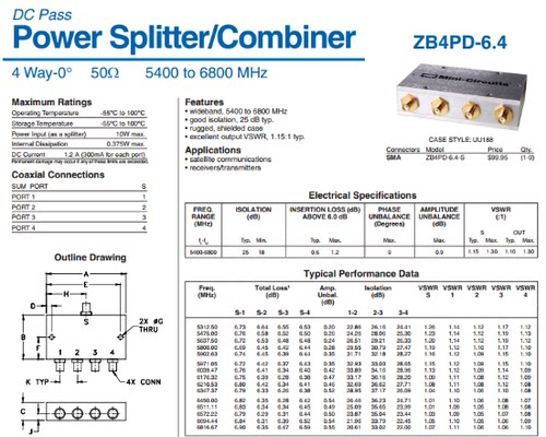 5400-6800MHz 射频一分四功分器 代替 ZB4PD-6.4 Mini-Circuits