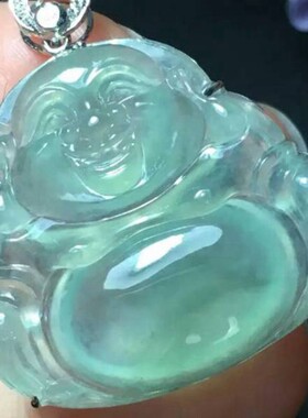 精品老坑A货翡翠镶嵌18K金镶玉佛晴水绿弥勒佛飘花笑佛挂件吊坠子