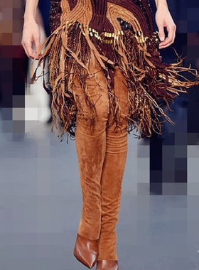 2019silla rulers女鞋过膝长靴超高跟尖头走秀鞋T台棕色牛皮/