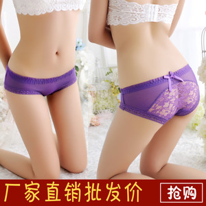 春夏性感紫色网纱透明女士三角内裤蕾丝低腰透视透明大码内衣批发