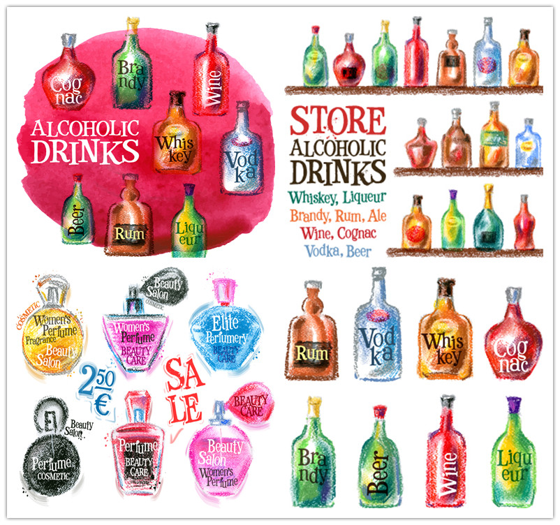 A0279矢量彩色铅笔风格酒类瓶子香水瓶插画模板 AI设计素材