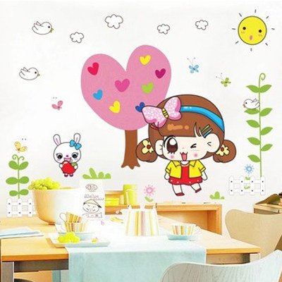 可爱卡通动漫萌小q 女孩幼儿园客厅卧室儿童房床头装饰可移除墙贴