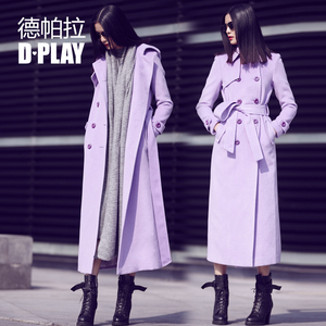 D－PLAY2016冬款 欧美马卡龙紫长款过膝羊毛尼大衣 女装呢子外套