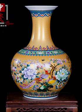 景德镇粉彩大号黄色花鸟瓷器摆件