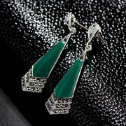 Thai-925 Sterling Silver earrings fashion original imported European and American retro long natural green agate earrings earring