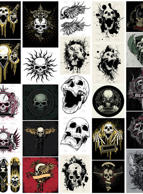 矢量设计素材 25张欧美哥特风格骷髅翅膀T恤印花图案模板 EPS