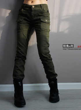 2022春秋女工装裤瘦腿显瘦户外休闲修身纯棉 弹力军绿色小脚裤