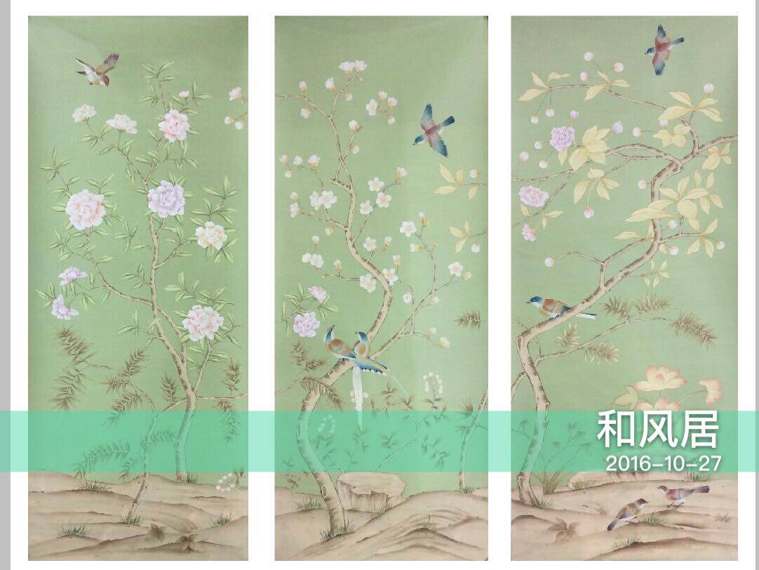 真丝绢豆沙绿手绘丝绸墙纸秋香绿丝绸工笔花鸟法式玄关客厅背景墙