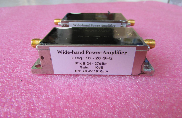 美国进口 16-20GHz 24-27dBm SMA 射频微波中功率放大器 质量包好，包能用 可提供详细测试图 工作频率：16-20GHz 增益: Typ 10dB 输出功率: 24-27dBm 工作电压：+8.4V / 电流大约：910mA 左右 功能，1：检波输出; 2：输出内置