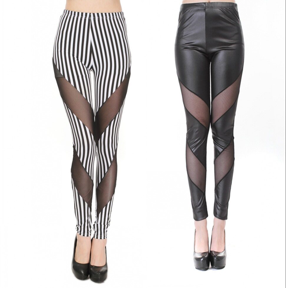 2023春秋女韩版九分裤亚光仿皮条纹网纱拼接打底裤修身显瘦小脚裤