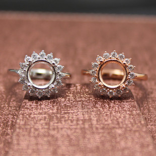 圆形带钻花空戒托活口戒指空托925银戒托戒拖王妃女款未镶嵌指环