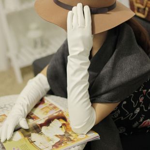 显瘦长筒加长秋冬季 韩版 女款 白色皮手套长袖 长臂过肘皮草手套 长款
