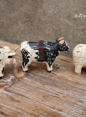 木质手工雕刻彩绘复古做旧生肖猪牛羊儿童房古董娃娃家居装饰摆件