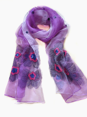 亮丽花朵绣花手工亮片丝巾围巾披肩多用 韩国品牌欧根纱丝巾纱巾