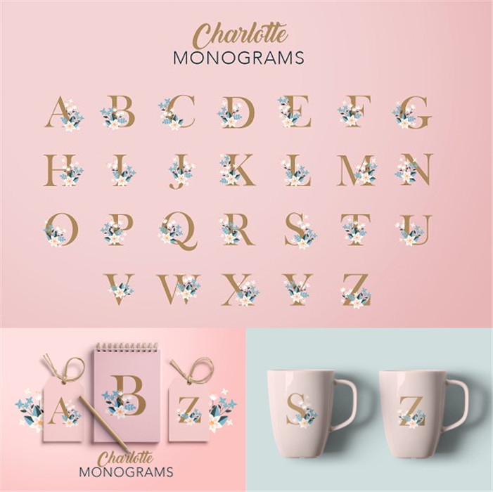 A1801矢量24个花朵英文字母图婚礼LOGO模板 AI设计素材