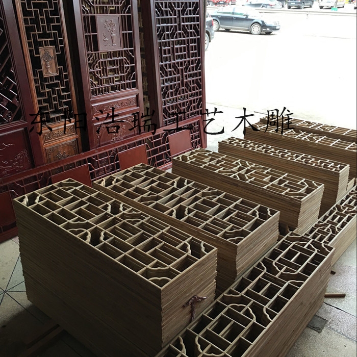 东阳木雕中式仿古屏风玄关隔断榆木花格实木门窗电视背景墙定做_虎窝淘