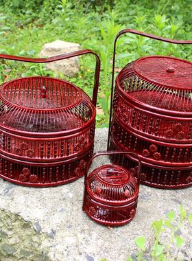 竹篮子结婚食盒特色竹编提篮竹子制品月饼礼品篮 红色喜盒收纳篮