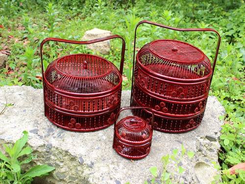 竹篮子结婚食盒特色竹编提篮竹子制品月饼礼品篮 红色喜盒收纳篮